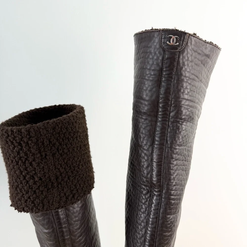 CHANEL Over The Knee Winter Boots Brown Sz 40